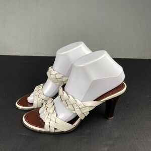 Franco Sarto White Ivory Leather High Heel Slip On Sandals Braided Upper 8.5 M